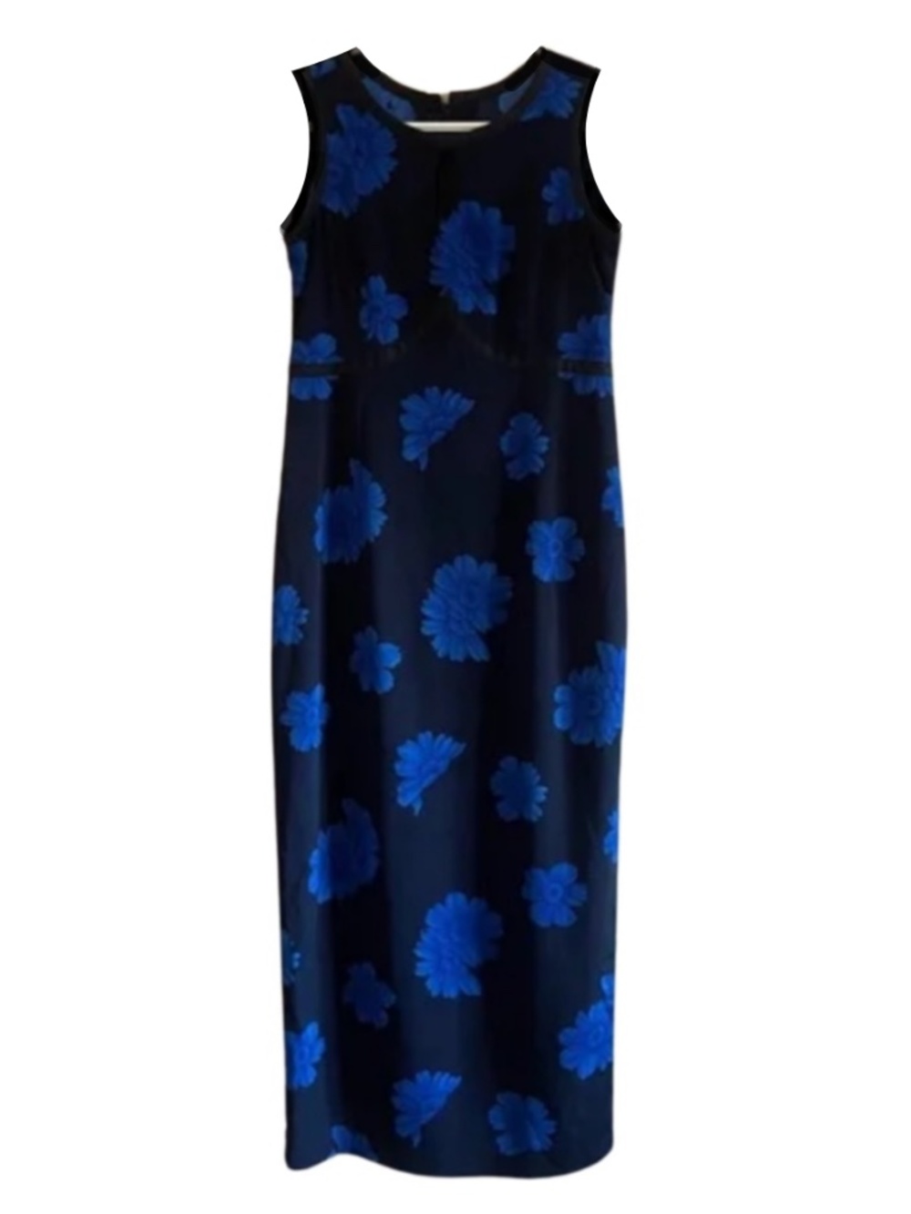Vintage 90s Navy Sleeveless Midi/Maxi Dress w Blue Daisy Print - Size 4 EUC